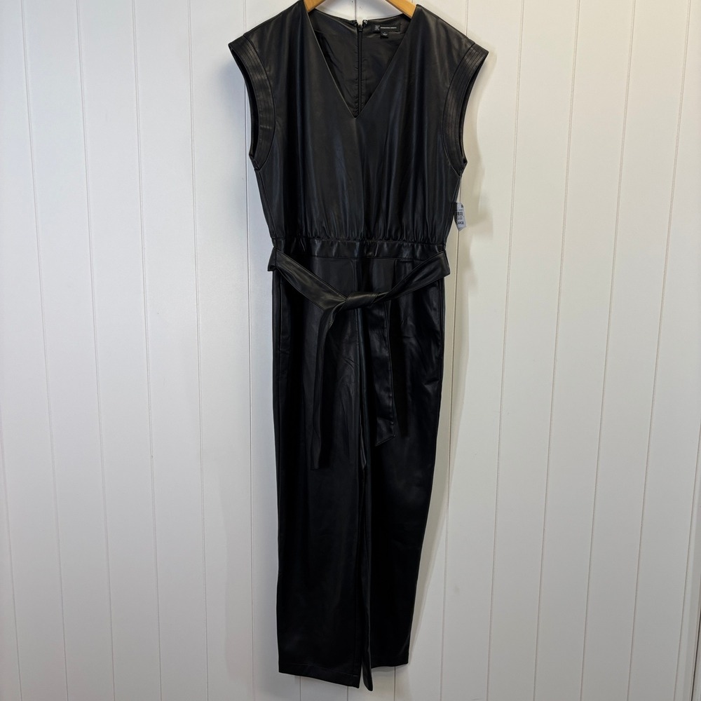 INC Women Edgy Streetwear Faux Leather Jumpsuit Size L Clubwear Mob Wife Chic